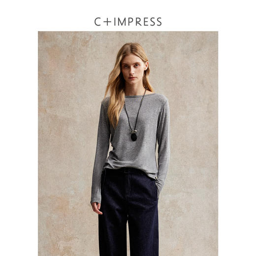 一字领宽松天丝羊毛慵懒纸片人长袖T恤T2503048 商品图0