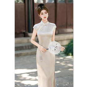 GX清纯素色长款提花连袖旗袍2025夏季新款复古国风年轻女士日常旗袍