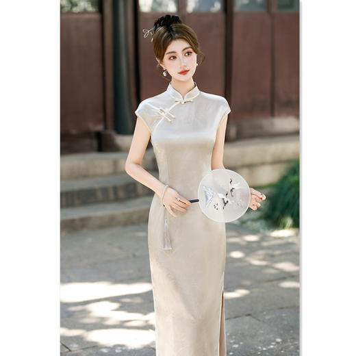 GX清纯素色长款提花连袖旗袍2025夏季新款复古国风年轻女士日常旗袍 商品图0