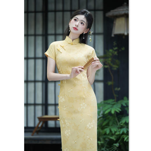 GX2025夏季新款旗袍新中式黄色中长款小个子旗袍高端气质少女款旗袍 商品图3