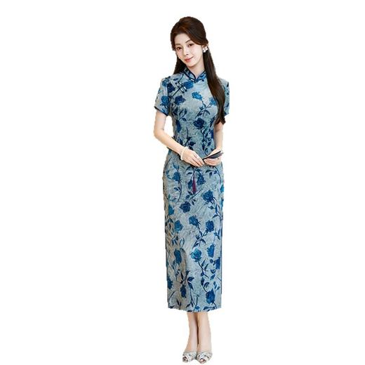 GX2025中国风夏秋新款改良植绒旗袍新中式长款婚宴礼妈妈大码旗袍裙 商品图4