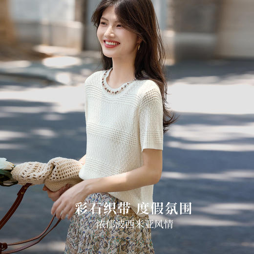【08/06新品】熙世界波西米亚风镂空针织衫女短袖夏季钉珠织带圆领休闲独特上衣 商品图1