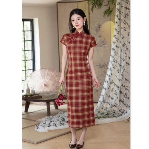 GX港风格子新中式长款改良旗袍2025夏新款日常文艺学院风旗袍 商品图2