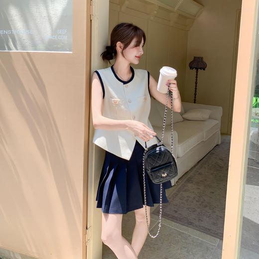 白色法式小香风无袖马甲套装裙，小个子减龄百褶裙两件套HR-7355 商品图0