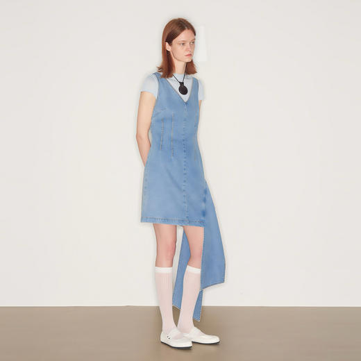 lost in echo2025秋冬新款V领个性不对称活片收腰修身牛仔连衣裙 商品图2