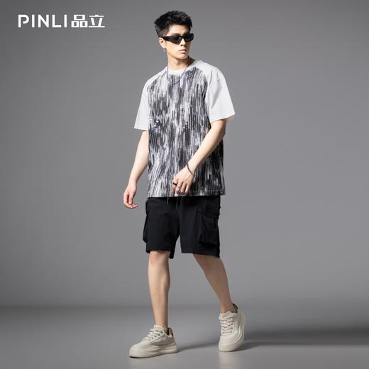 PINLI品立2025夏季新款男士圆领拼接撞色个性涂鸦印花短袖T恤上衣GD252111389 商品图2