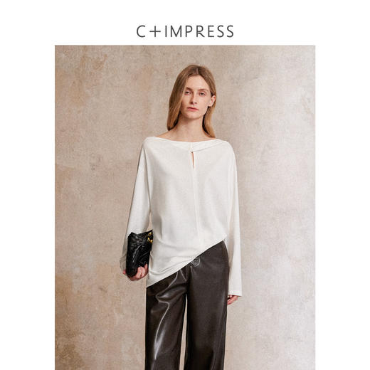 真丝汉麻天丝棉 随性简约扭结一字领两穿廓形百搭长袖T恤T2503031 商品图0