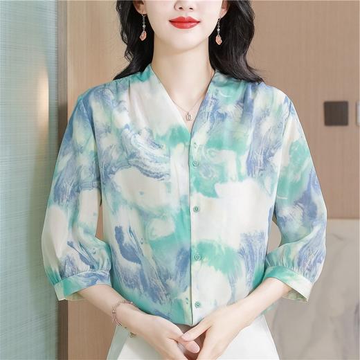 A32318高品质大码遮肉减龄中年女晕染真丝T恤上衣桑蚕丝薄款夏新款衬衫 商品图2