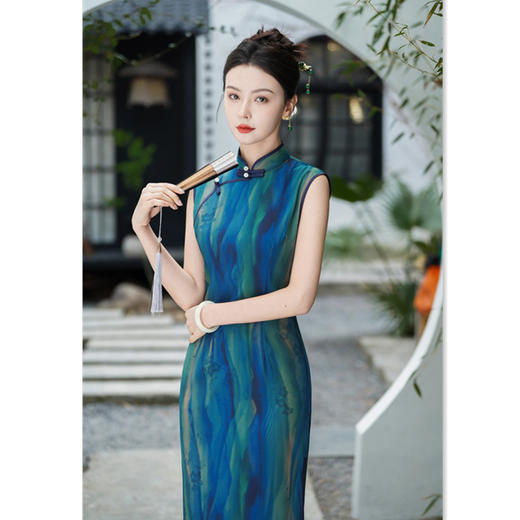 GX夏国风旗袍女条纹收腰修身日常绝美气质小个子中长款单层无袖旗袍 商品图3