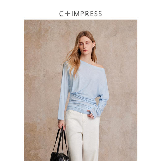 斜肩一字领多穿天丝羊毛褶皱收腰长袖T恤T2503028 商品图0