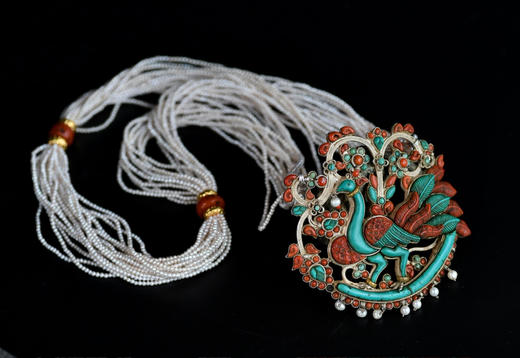 珍珠银鎏金面包珠老琉璃珊瑚绿松石纯银孔雀项链 商品图1