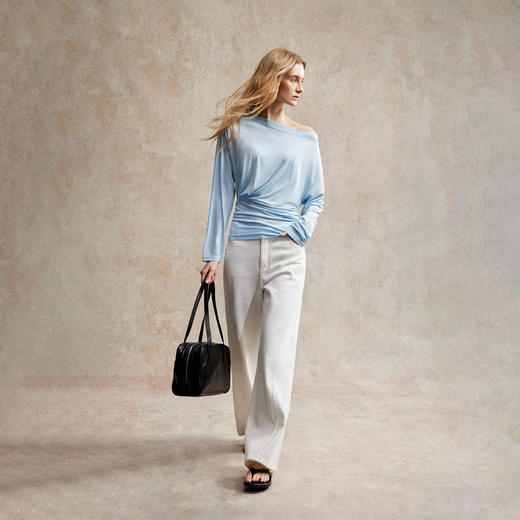 斜肩一字领多穿天丝羊毛褶皱收腰长袖T恤T2503028 商品图2