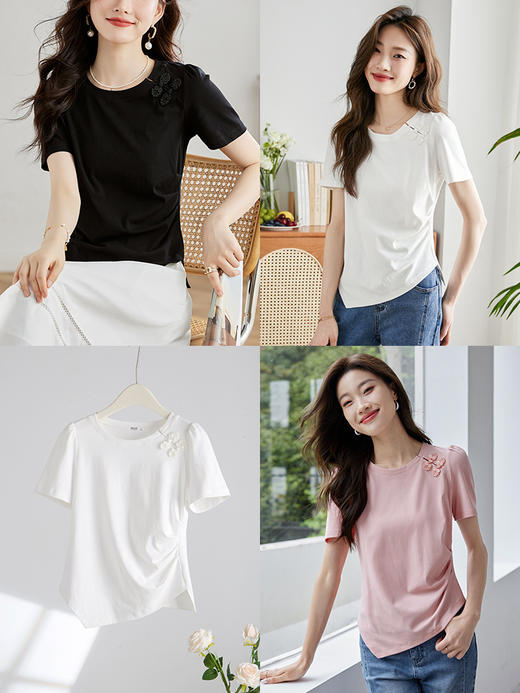【专属特价】熙世界新国风盘扣设计白色T恤女短袖收腰显瘦圆领上衣2025夏新款 商品图1