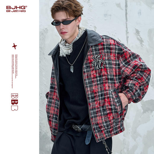 BJHG不计后果贴布珍珠双面穿夹克外套男秋季复古格纹潮牌痞帅外套 商品图0