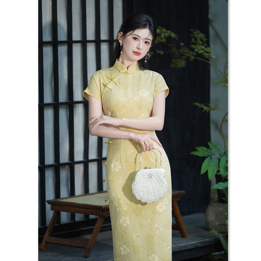 GX2025夏季新款旗袍新中式黄色中长款小个子旗袍高端气质少女款旗袍 商品图2