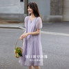 【08/06新品】熙世界度假风紫色连衣裙女夏季法式设计感串珠暗纹烧花泡泡袖裙子 商品缩略图1