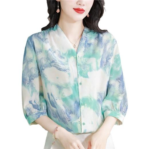 A32318高品质大码遮肉减龄中年女晕染真丝T恤上衣桑蚕丝薄款夏新款衬衫 商品图4