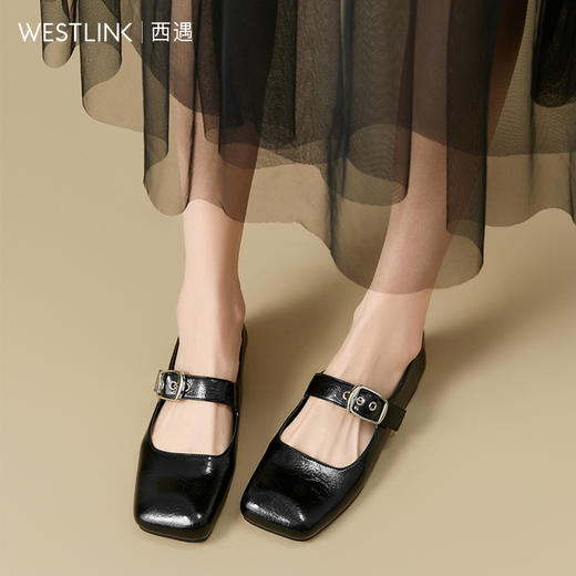西遇平底玛丽珍鞋女新款秋季铆钉一字带低跟小皮鞋方头单鞋V1656908 商品图2