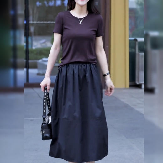 X179+Q312【套装】纯色遮肚夏季短袖上衣搭高腰休闲半身裙套装 商品图0