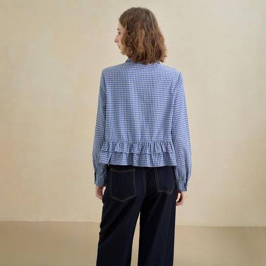 西遇miu系荷叶边蓝色格纹衬衫女秋季新款宽松百搭短款衬衣V2551156 商品图4
