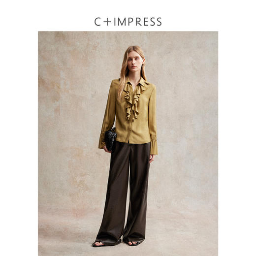 人丝羊毛法式浪漫木耳边重工压褶喇叭袖收腰复古衬衫 商品图3