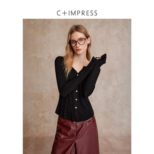 天丝羊毛V领轻薄慵懒纸片人长袖T恤T2503049 商品图1