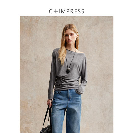 斜肩一字领多穿天丝羊毛褶皱收腰长袖T恤T2503028 商品图1