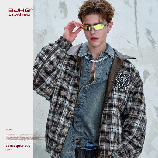 BJHG不计后果贴布珍珠双面穿夹克外套男秋季复古格纹潮牌痞帅外套 商品图2