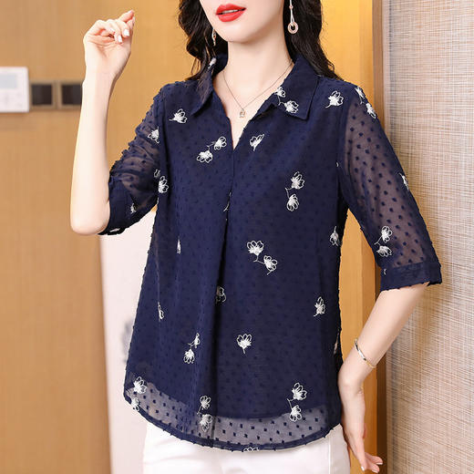 2025夏季新款印花雪纺衫上衣宽松显瘦刺绣七分袖衬衫女 商品图1