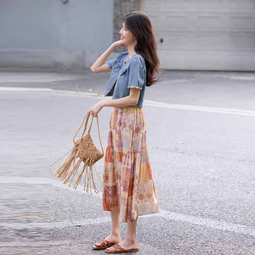 【专属特价】熙世界丹宁牛仔短外套女小个子海洋织带圆领短袖上衣2025夏日新款 商品图1