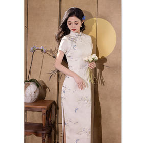 GX绣花缎面长款双层短袖旗袍2025夏新款复古国风年轻款素雅修身旗袍