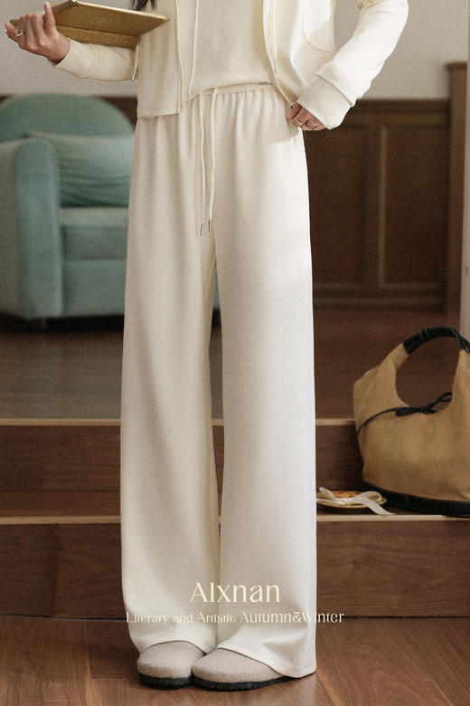 鹿向南「罗曼软呢」杏色垂感休闲裤女秋季宽松显瘦阔腿直筒长裤子 商品图5