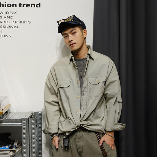 徐太浪美式工装贴袋长袖衬衫男2025新款秋季休闲青年纯棉衬衣外套 商品图3