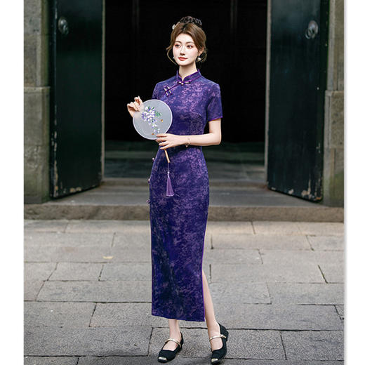 GX复古中国风流光缎扎染长款短袖旗袍2025夏新款大码旗袍 商品图3