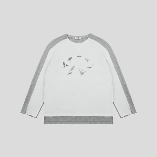 GOODBAI 916 白鸽环绕印花撞色拼接圆领长袖T恤 商品图1