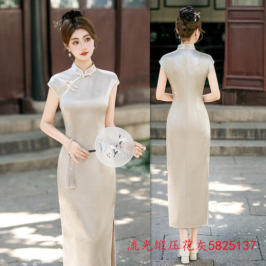 GX清纯素色长款提花连袖旗袍2025夏季新款复古国风年轻女士日常旗袍 商品图1