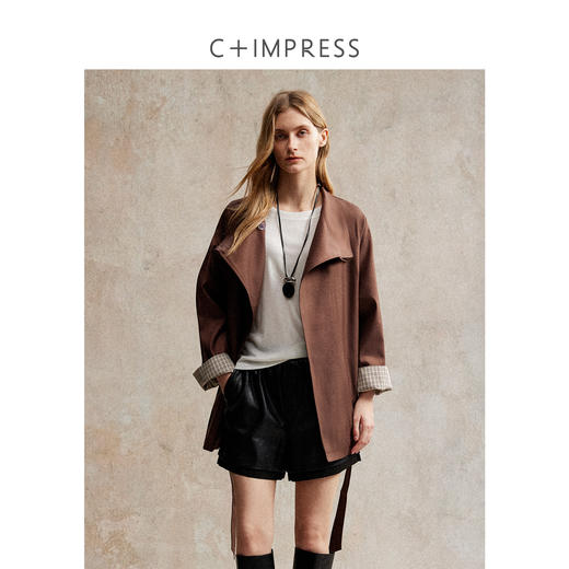 百搭宽松落肩袖袖口拼接撞色短风衣外套FY2503062 商品图0