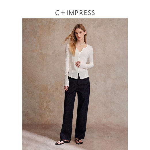 天丝羊毛V领轻薄慵懒纸片人长袖T恤T2503049 商品图3