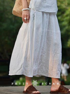 PETIT SCHAN小闪 CLO#879 A late bloomer 晚开的花 纯亚麻手绣薰衣草松紧腰茧型半裙
