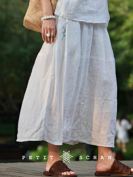 PETIT SCHAN小闪 CLO#879 A late bloomer 晚开的花 纯亚麻手绣薰衣草松紧腰茧型半裙 商品图0
