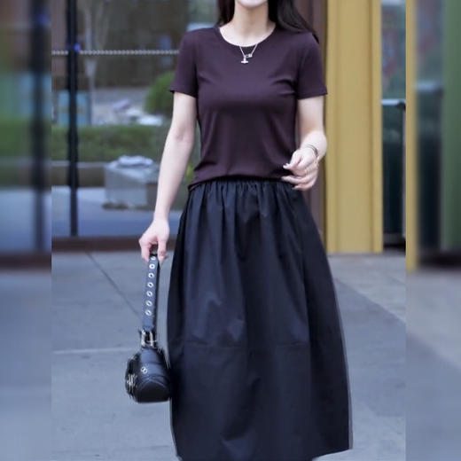 X179+Q312【套装】纯色遮肚夏季短袖上衣搭高腰休闲半身裙套装 商品图2