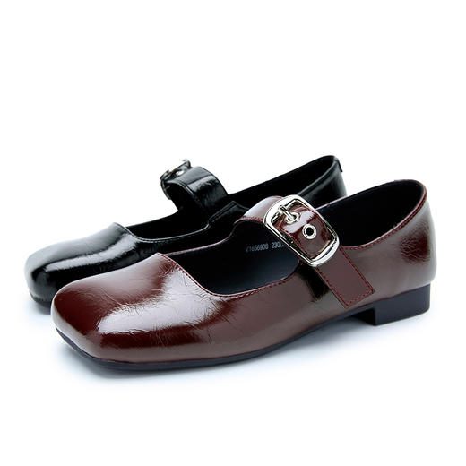 西遇平底玛丽珍鞋女新款秋季铆钉一字带低跟小皮鞋方头单鞋V1656908 商品图4