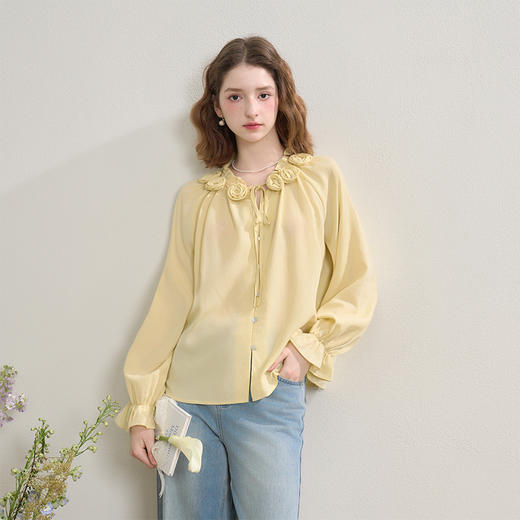 西遇绝美立体花朵圆领系带衬衫女秋季甜美荷叶边长袖衬衣V2551106 商品图0