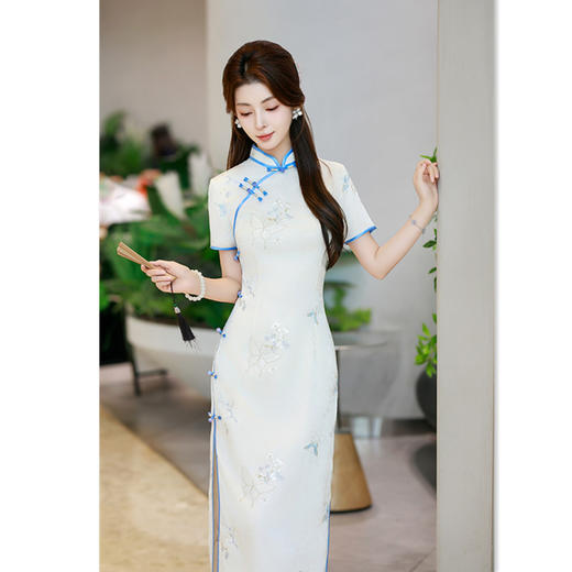 GX2025夏季新款温婉复古民国风素雅旗袍年轻女士改良中式宴会旗袍裙 商品图2