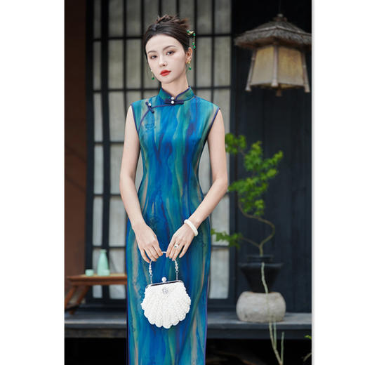 GX夏国风旗袍女条纹收腰修身日常绝美气质小个子中长款单层无袖旗袍 商品图2