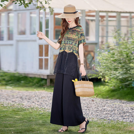 轻熟风减龄时尚套装，洋气印花小衫阔腿裤两件套穿搭HR-RSLD2836 商品图0