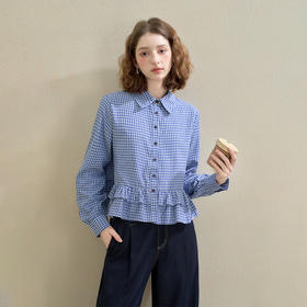 西遇miu系荷叶边蓝色格纹衬衫女秋季新款宽松百搭短款衬衣V2551156