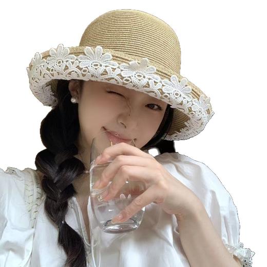 法式优雅拉菲草帽！2025女款夏季度假沙滩帽蕾丝花边渔夫帽遮阳盆帽子！ 商品图4