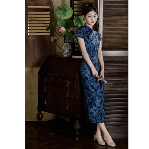 GX弹力植绒长款短袖旗袍2025夏季新款复古国风气质旗袍裙 商品图2