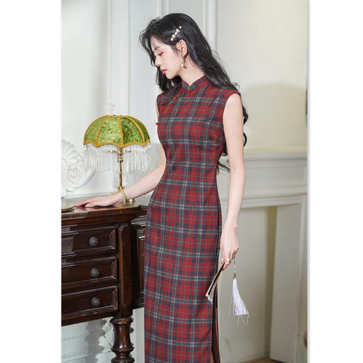 GX少女无袖格子旗袍复古新中式日常可穿修身改良立领文艺年轻学生裙 商品图3